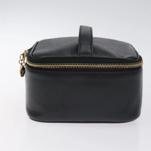 CHANEL COCO Mark Vanity Pouch Grained Calf Skin Black Gold CC Auth 130251 - Picture 3 of 16